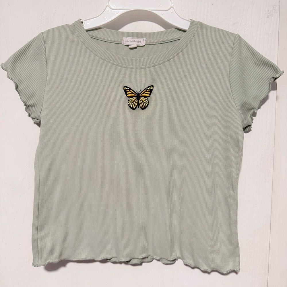 Girls Light Green Ribbed Tee with Butterfly Patch